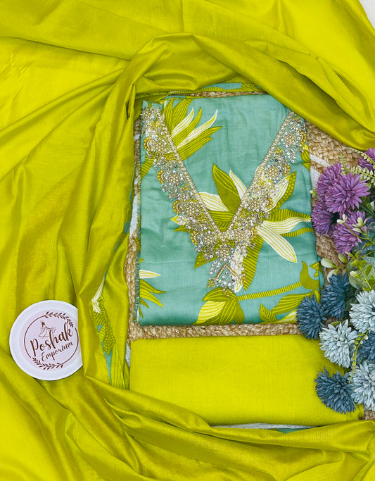 Floral Digital Printed Rayon Cotton Suit With Beautiful Pearl, Stones & Dori Embroidered Neck Tie With Cotton Dupatta & Plain Rayon Bottom