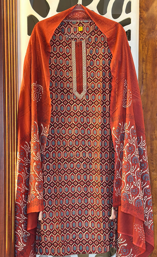 Digital Printed Cotton Suit With Beautiful Neck & Hand Design