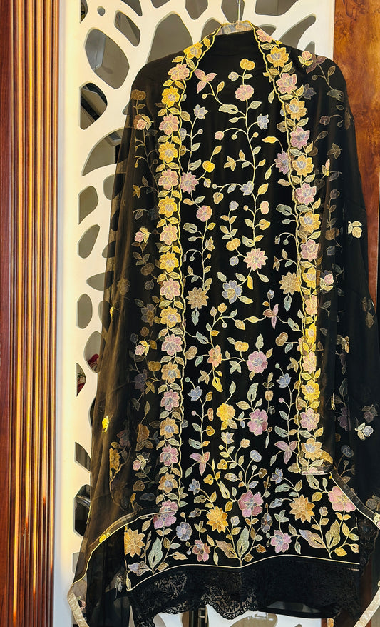 Premium Georgette Beautiful Thread Embroidered Suit With Cut Work Georgette Embroidered Dupatta & Shantoon Bottom