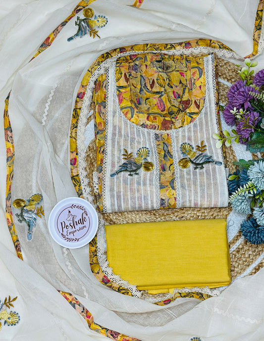 Bird Embroidered Pure Cotton Semi Stitched Suit & Dupatta With Crochet Lace Highlights & Cotton Bottom