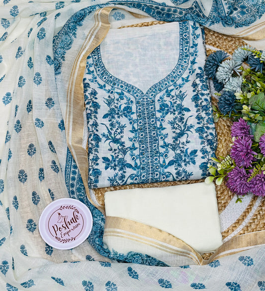 Soft Linen Digital Printed Suit Pearl Work On Neck Tie With Digital Printed Linen Dupatta & Rayon Bottom