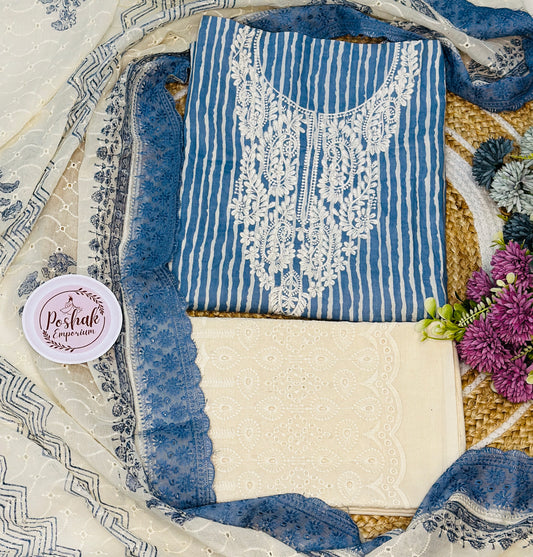 Premium Cotton Striped Suit With Chikan Embroidered Necktie & Schiffli Designer Premium Cotton Dupatta & Bottom