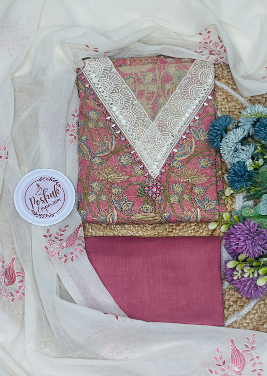 Digital Printed Pure Cotton Daman Crochet Lace Suit With Beautiful Lace Neck Tie Highlighted With Mirror & Foil With Bird Embroidered Pure Cotton Dupatta & Pure Cotton
Bottom