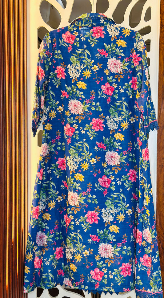 Linen Neon Floral Crochet Laced Digital Printed A Line Co-Ord Set
