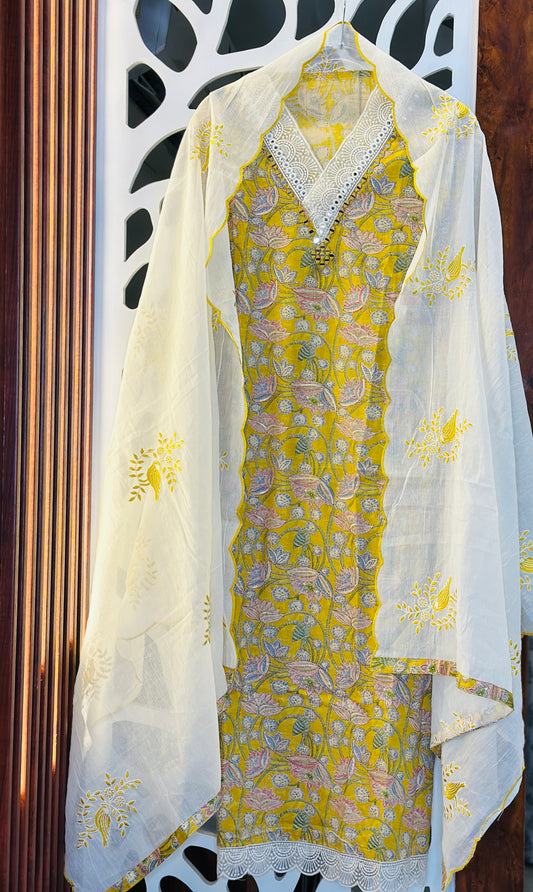 Digital Printed Pure Cotton Daman Crochet Lace Suit With Beautiful Lace Neck Tie Highlighted With Mirror & Foil With Bird Embroidered Pure Cotton Dupatta & Pure Cotton
Bottom