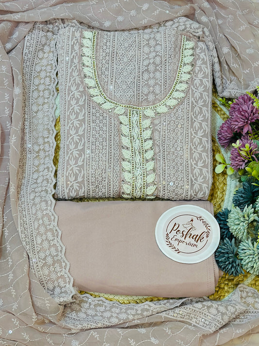 Lucknowi Georgette Pearl & Stones Neck Tie Suit With Georgette Lucknowi Dupatta All Over Sequence Highlights On Suit & Dupatta & Plain Shantoon Bottom