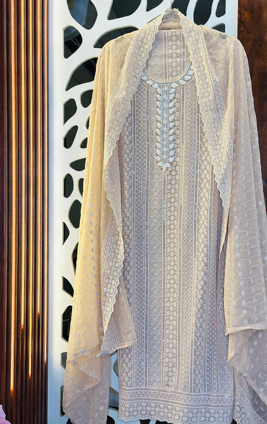 Lucknowi Georgette Pearl & Stones Neck Tie Suit With Georgette Lucknowi Dupatta All Over Sequence Highlights On Suit & Dupatta & Plain Shantoon Bottom