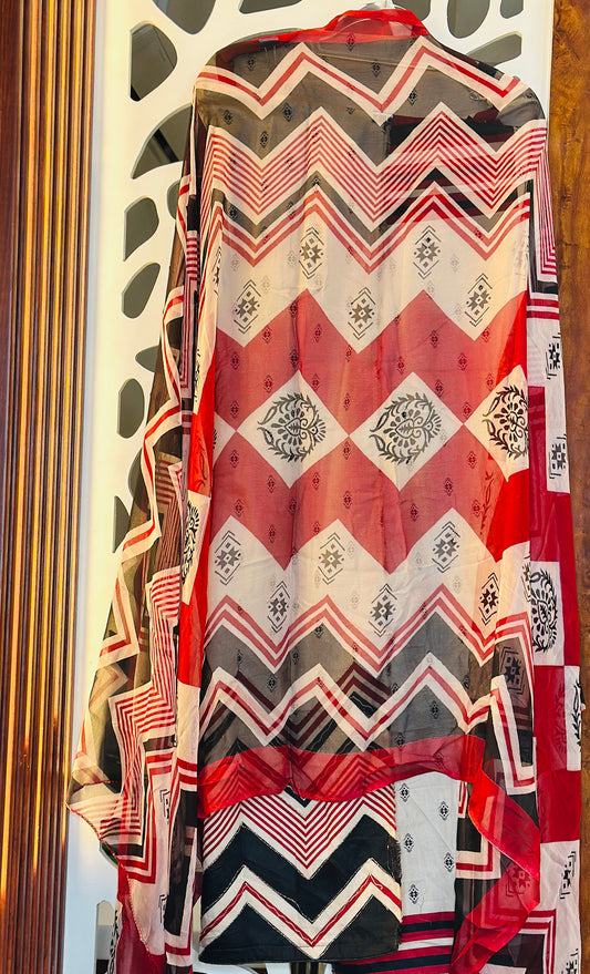 Printed Pure Cotton Suit With Beautiful Daman Golden Thread Embroidered &  Pure Chiffon Dupatta With Plain Cotton Bottom