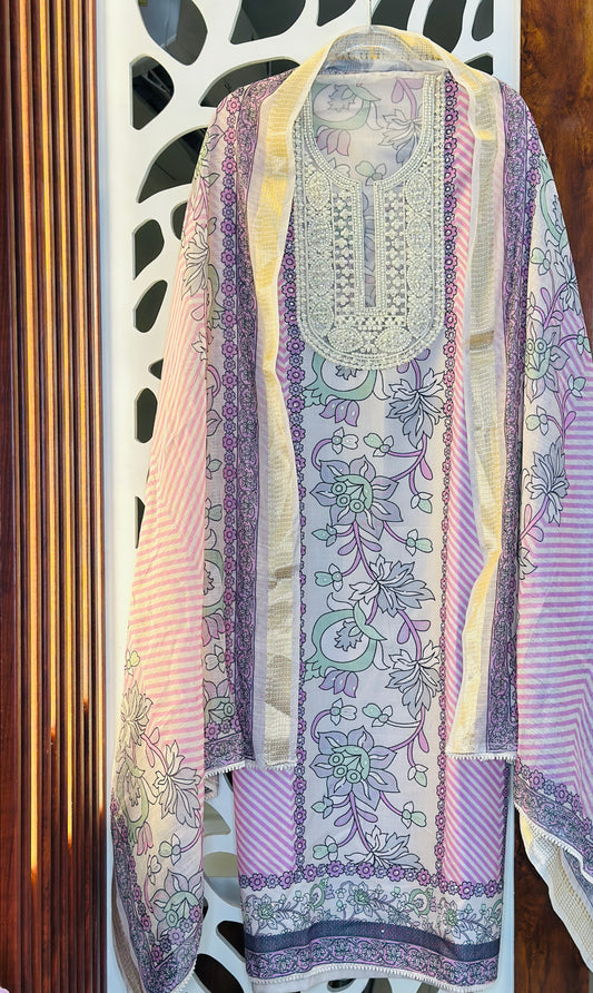 Our Digital Printed Soft Linen Suit Embroidered Neck Tie With Pearl Highlights & Soft Linen Dupatta & Plain Rayon Bottom
