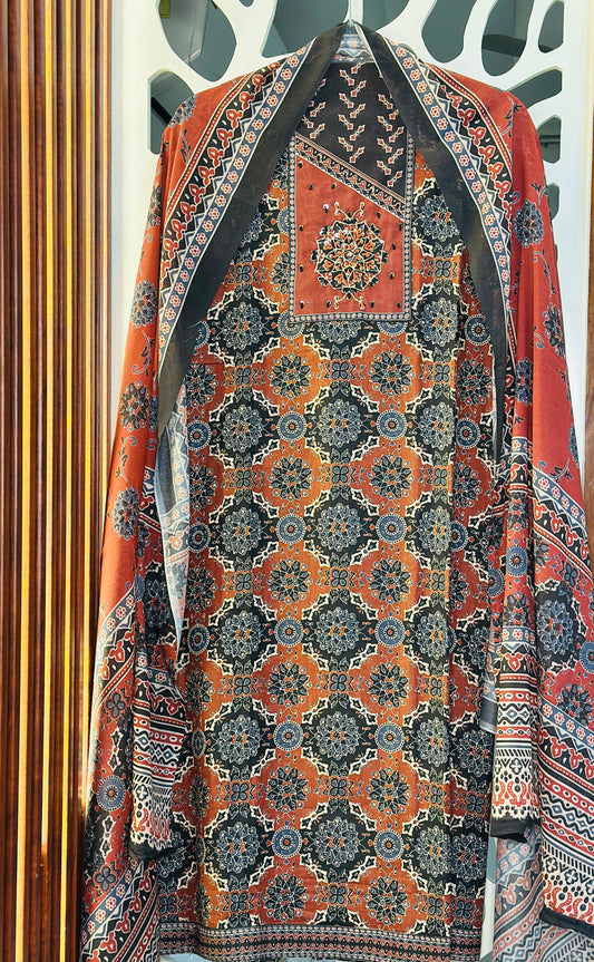 Ajrak Print Pure Cotton With French Knot & Golden Wire Highlights & Pure Cotton Dupatta