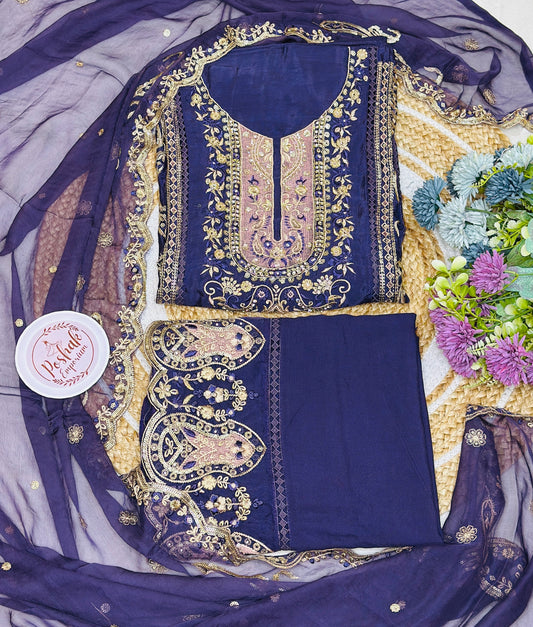 Elegant Embroidered Karachi Pakistani Suit With Pure Chiffon Embroidered Dupatta & Daman Embroidered Rayon Bottom