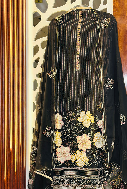 Our Party Wear Pure Georgette Black Suit With Beautiful Thread Work Embroidery, Sequence Highlights & Cut Dana Work