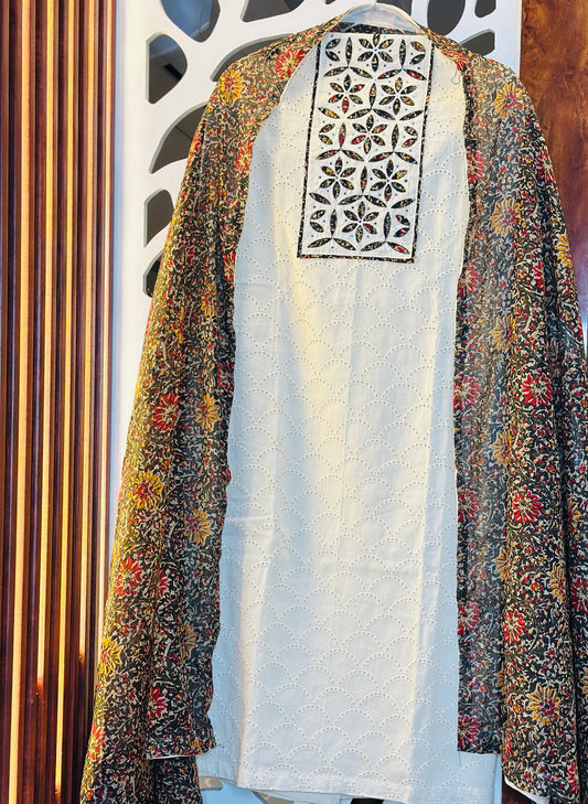 Schifli Pure Cotton Suit With Beautiful Neck Tie &  Printed Cotton Dupatta With Kinari White Patti &  Printed Cotton Bottom