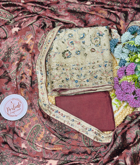 Party Wear Most Beautiful Embroidered With Stone & Sequence Highlights Diamond Tissue Suit  With Brasso Dupatta And Rayon Silk Bottom