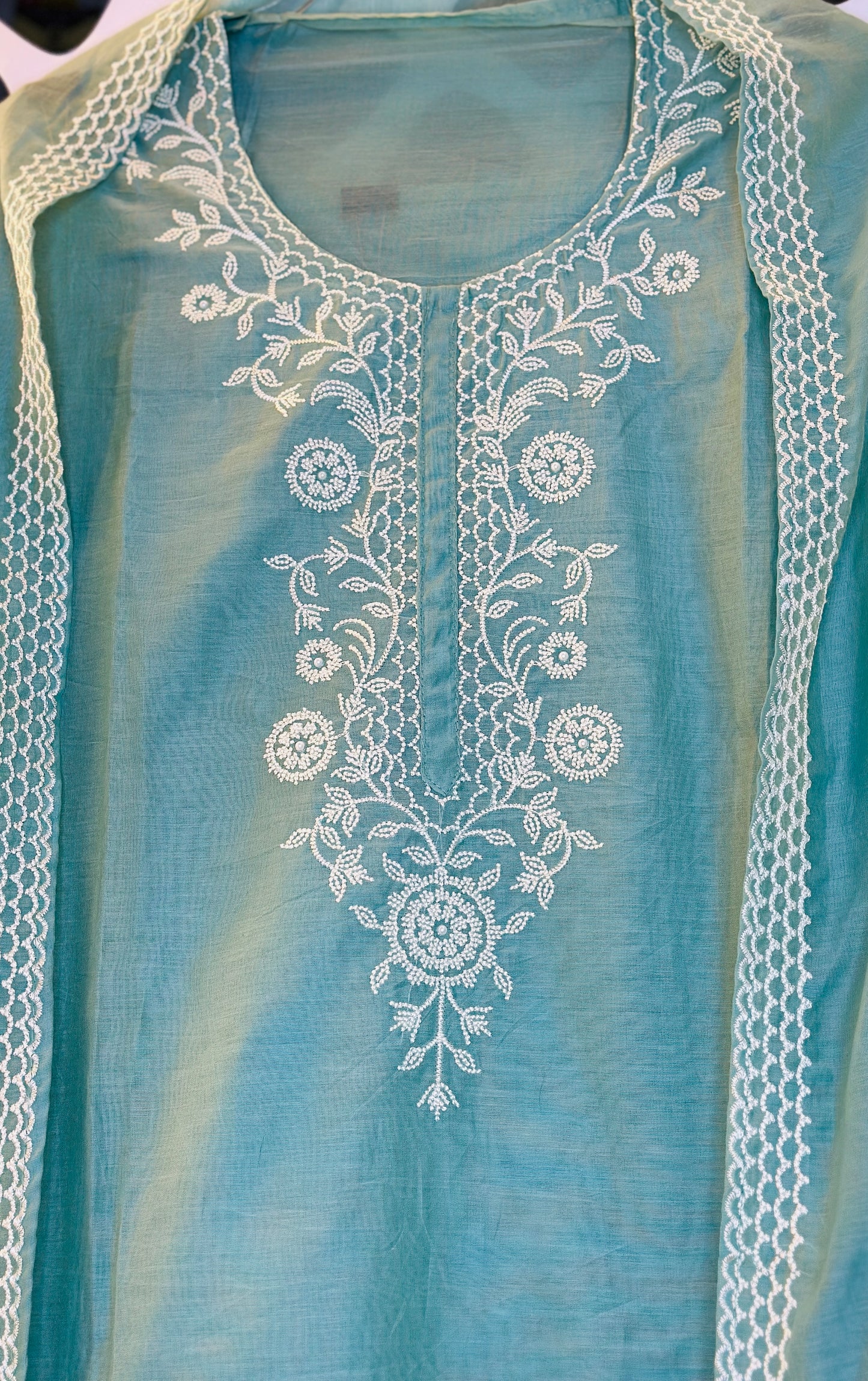 Fine & Elegant Thread Embroidered Mul Chanderi Suit With Crochet Lace & Thread Embroidered Mul Chanderi Dupatta & Plain Rayon Bottom