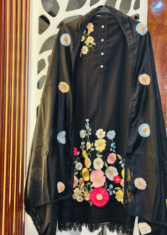 3D Floral Thread Embroidered Patch Work Suit With Crochet Lace & Cotton Embroidered Dupatta & Rayon Bottom