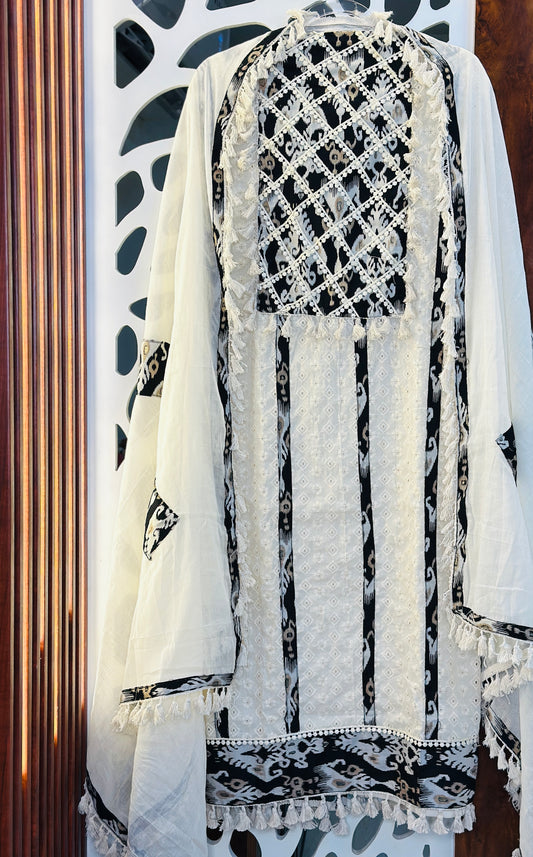Premium Schiffli Ikkat Print Patches Pure Cotton Suit Daman Tassels With Cotton Dupatta Kinari Tassels & Plain Cotton Bottom