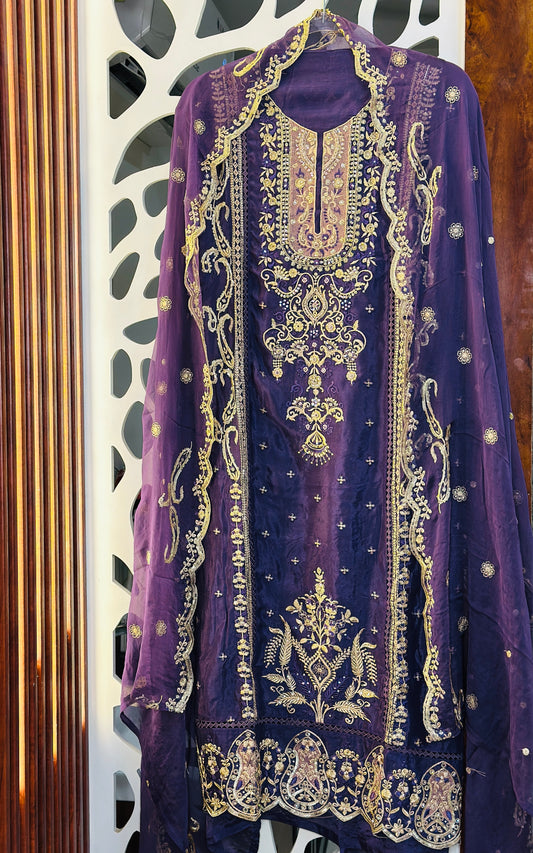 Elegant Embroidered Karachi Pakistani Suit With Pure Chiffon Embroidered Dupatta & Daman Embroidered Rayon Bottom