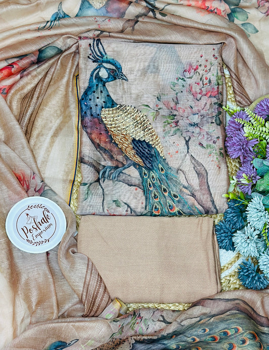 Premium Digital Peacock Printed Suit With Cut Dana & Thread Embroidery With Digital Printed Soft Linen Dupatta & Plain Rayon Bottom