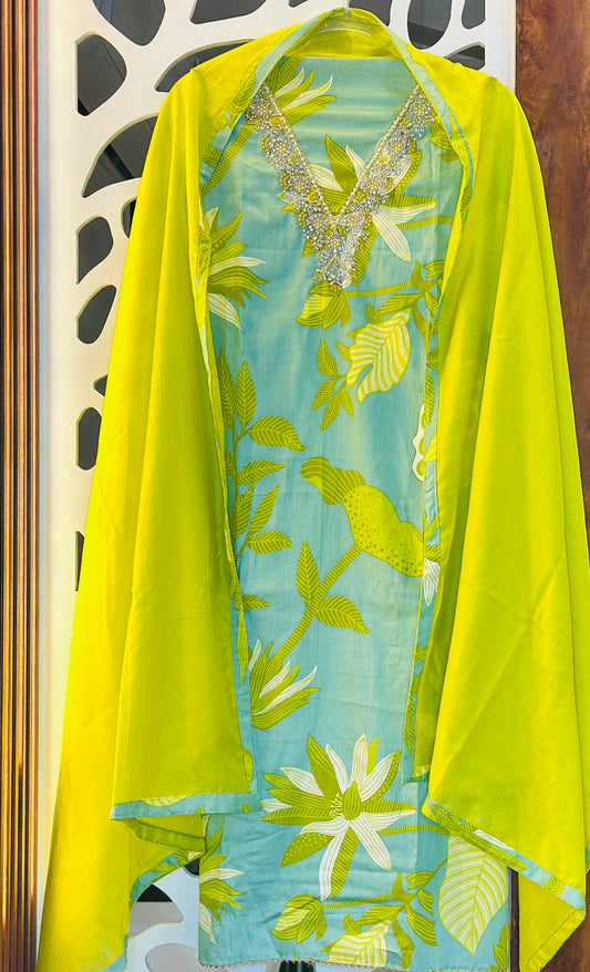 Floral Digital Printed Rayon Cotton Suit With Beautiful Pearl, Stones & Dori Embroidered Neck Tie With Cotton Dupatta & Plain Rayon Bottom
