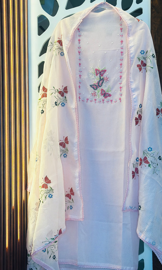 Butterfly Pearl Desginer Kota Doria With Butterfly Embroidered Kota Doria Dupatta Crochet Lace Edges & Plain Rayon Bottom