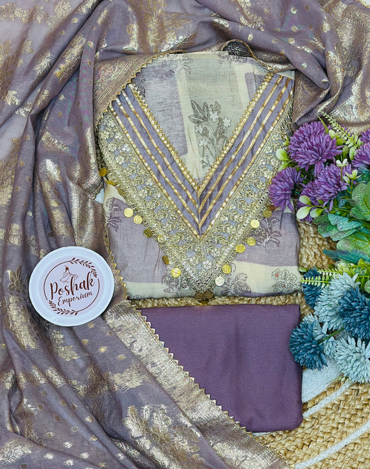 Box Digital Printed Muslin Suit With Beautiful Golden Thread & Tassels
Neck Tie With Self Weaved Georgette Dupatta & Rayon Bottom