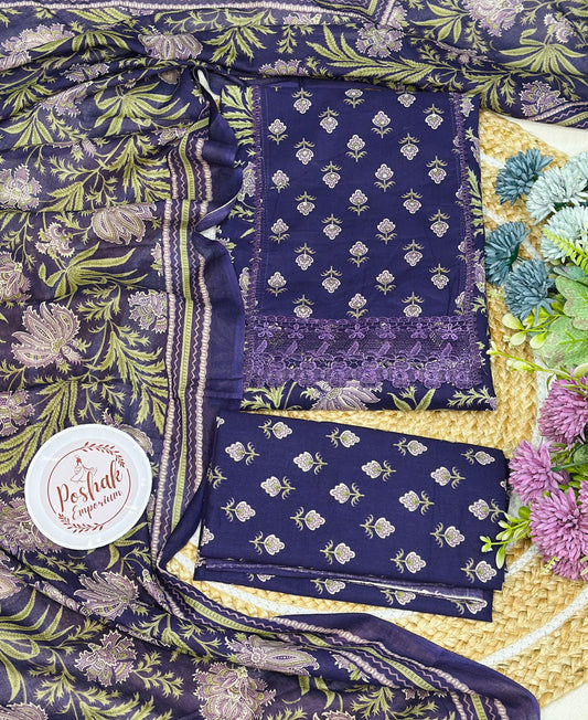 Floral Printed Pure Cotton With Crochet Laces Highlights