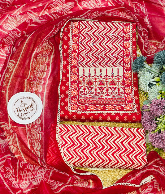 Premium Digital Printed Pure Cotton Suit Kinari Laces With Pure Chiffon Dupatta & Cotton Abstract design Bottom