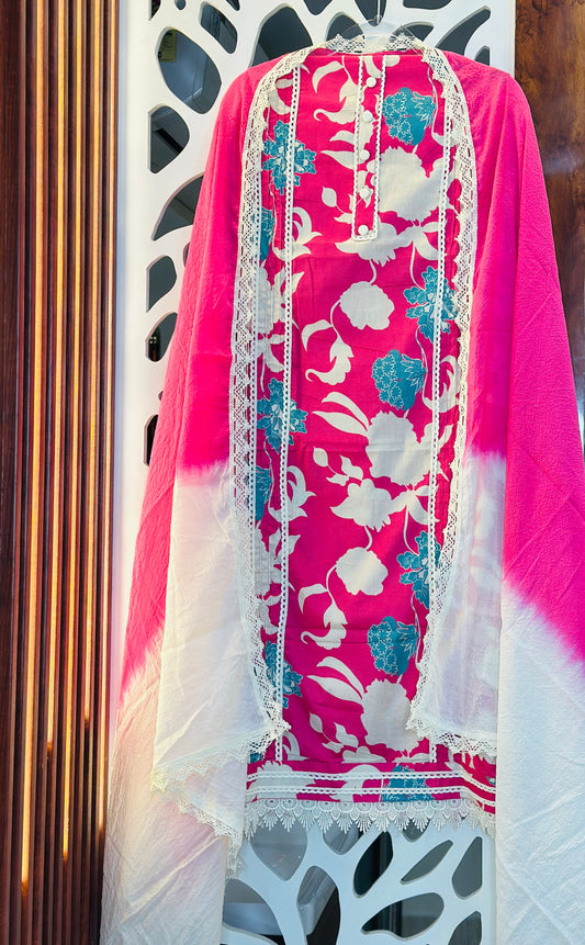 Floral Printed Pure Cotton With Ombre Printed Dupatta & Crochet Lace Edges