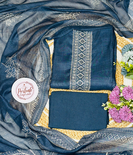 Soft Linen Printed Suit With Cut Dana Work, Soft Linen Printed  Dupatta & Rayon Bottom Plain Bottom