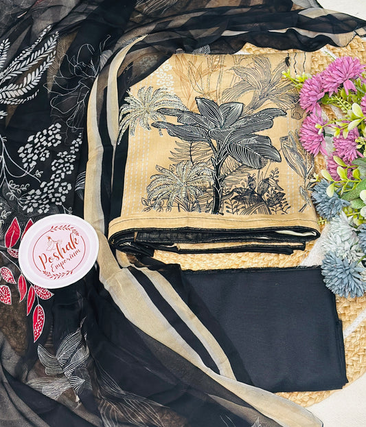 Digital Printed Pure Cotton With Golden Thread Highlights & Chiffon Dupatta