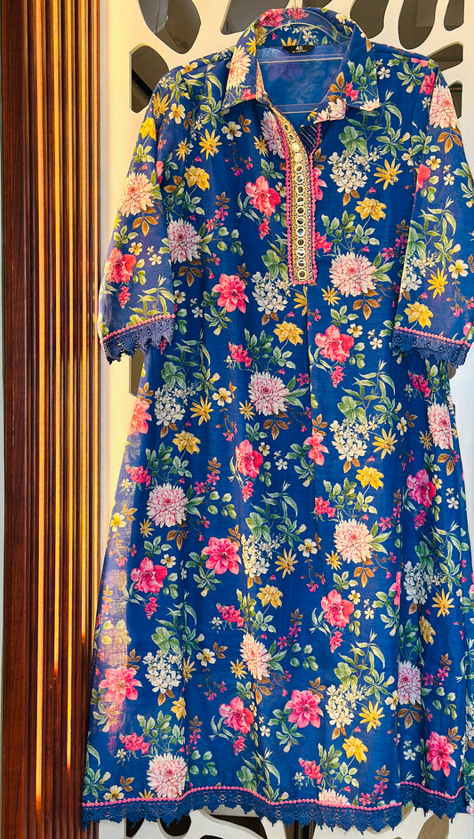 Linen Neon Floral Crochet Laced Digital Printed A Line Co-Ord Set