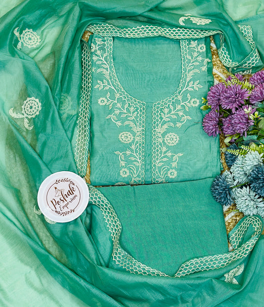 Fine & Elegant Thread Embroidered Mul Chanderi Suit With Crochet Lace & Thread Embroidered Mul Chanderi Dupatta & Plain Rayon Bottom