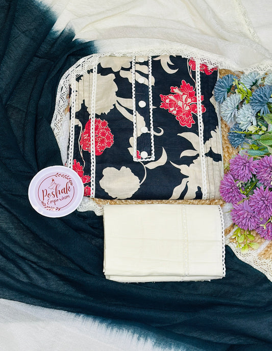 Floral Printed Pure Cotton With Ombre Printed Dupatta & Crochet Lace Edges