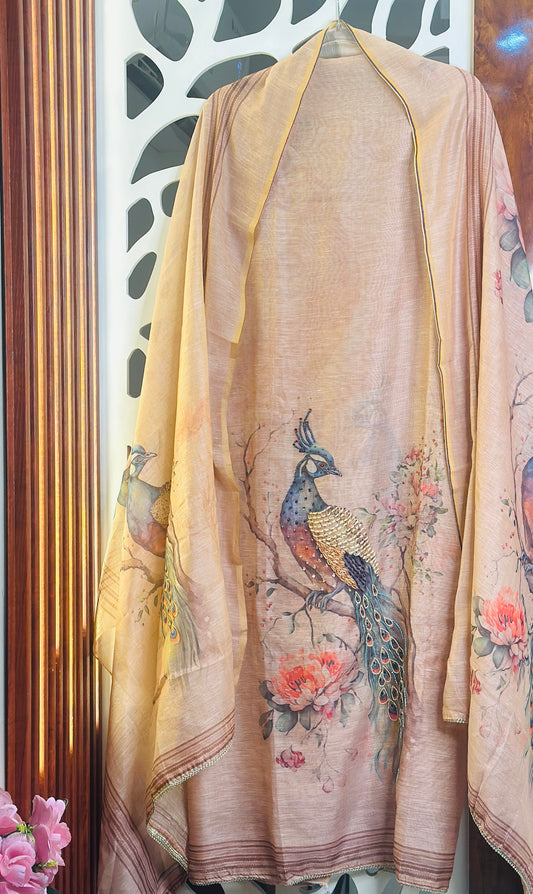 Premium Digital Peacock Printed Suit With Cut Dana & Thread Embroidery With Digital Printed Soft Linen Dupatta & Plain Rayon Bottom