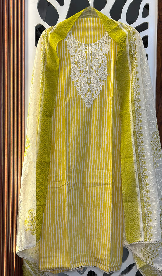 Premium Cotton Striped Suit With Chikan Embroidered Necktie & Schiffli Designer Premium Cotton Dupatta & Bottom
