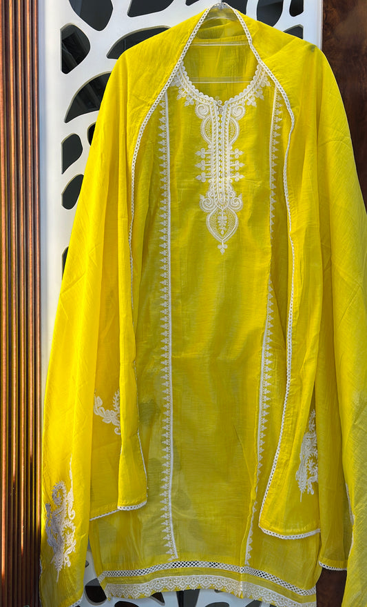 Premium Semi Stitched Mul Chanderi Suit With Beautiful Embroidery Front & Back, Crochet Lace, Mul Chanderi Dupatta With Plain Rayon Bottom