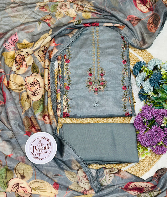 Pure Muslin Digital Printed Hand Embroidered With Crochet Lace Edgings