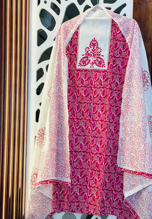 Printed Pure Cotton Neck Tie Thread Embroidered Suit With Printed Dupatta Sequence Highlights & Cotton Bottom With Embroidery