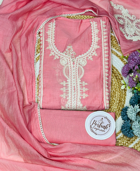 Premium Semi Stitched Mul Chanderi Suit With Beautiful Embroidery Front & Back, Crochet Lace, Mul Chanderi Dupatta With Plain Rayon Bottom