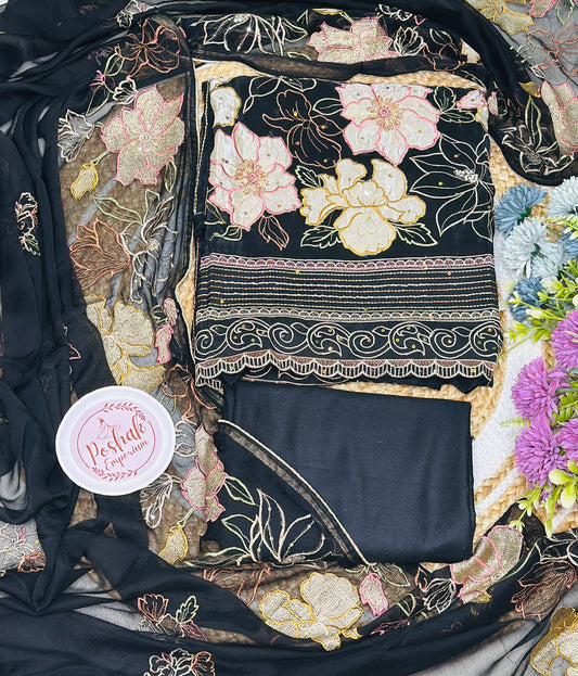 Our Party Wear Pure Georgette Black Suit With Beautiful Thread Work Embroidery, Sequence Highlights & Cut Dana Work