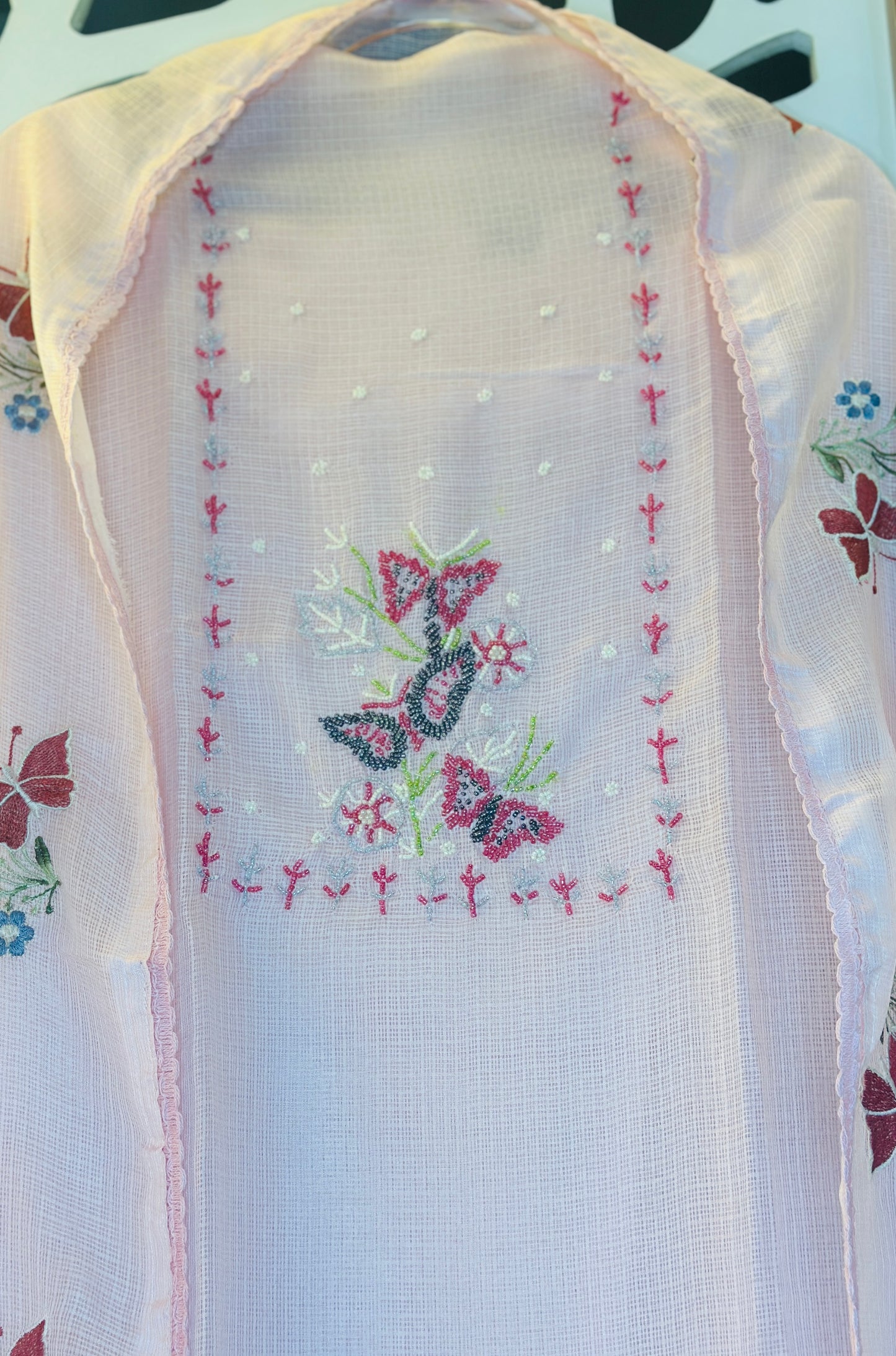 Butterfly Pearl Desginer Kota Doria With Butterfly Embroidered Kota Doria Dupatta Crochet Lace Edges & Plain Rayon Bottom