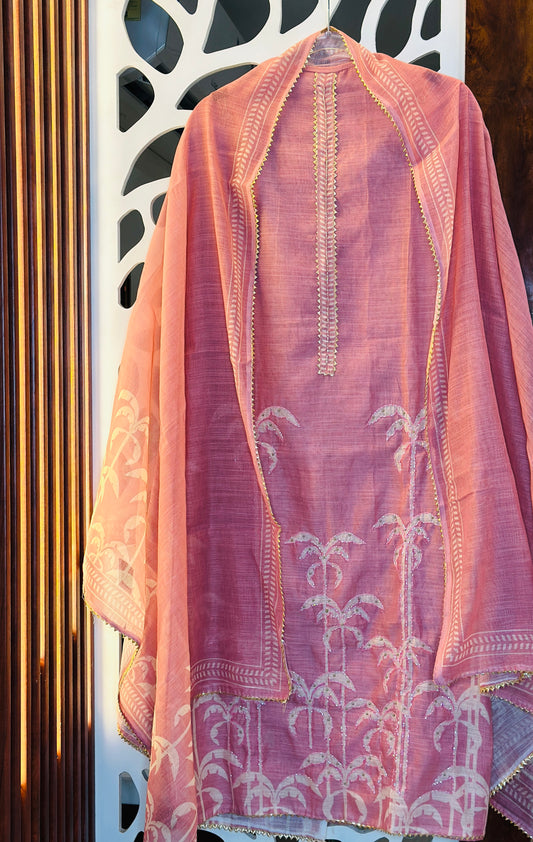 Soft Linen Suit With Daman Printed Cut Dana Work, & Golden Kinari Lace Highlights With Printed Linen Dupatta &  Rayon Bottom