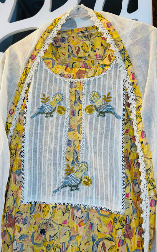 Bird Embroidered Pure Cotton Semi Stitched Suit & Dupatta With Crochet Lace Highlights & Cotton Bottom