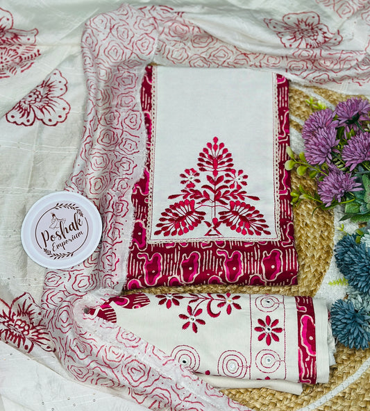 Printed Pure Cotton Neck Tie Thread Embroidered Suit With Printed Dupatta Sequence Highlights & Cotton Bottom With Embroidery