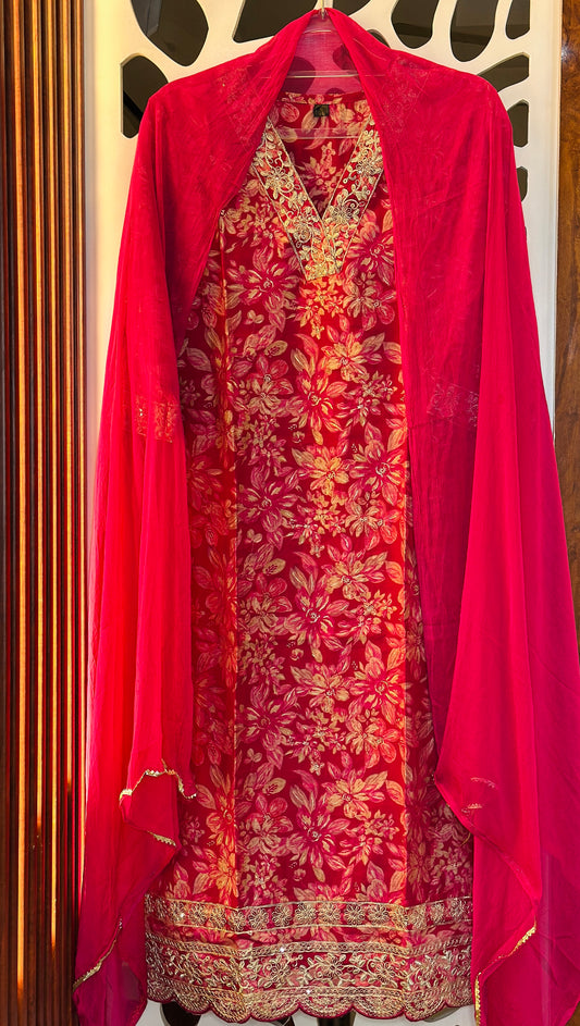 V Neck Digital Printed Delicate Embroidered Muslin Straight Suit