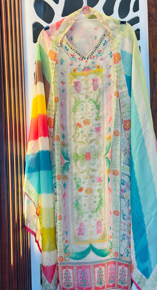 Trendy Multicoloured Digital Printed Semi Stitched Organza Suit With Seroski & Mirror Highlights Lehriya Organza Dupatta With Tassels & Plain Rayon Bottom