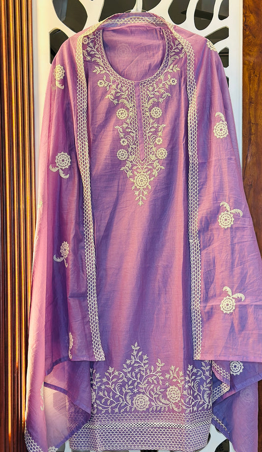 Fine & Elegant Thread Embroidered Mul Chanderi Suit With Crochet Lace & Thread Embroidered Mul Chanderi Dupatta & Plain Rayon Bottom