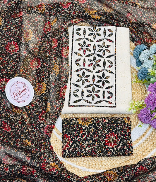 Schifli Pure Cotton Suit With Beautiful Neck Tie &  Printed Cotton Dupatta With Kinari White Patti &  Printed Cotton Bottom