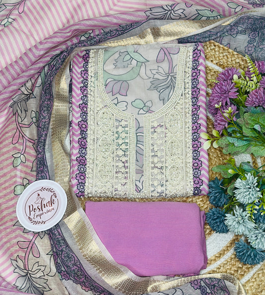 Our Digital Printed Soft Linen Suit Embroidered Neck Tie With Pearl Highlights & Soft Linen Dupatta & Plain Rayon Bottom